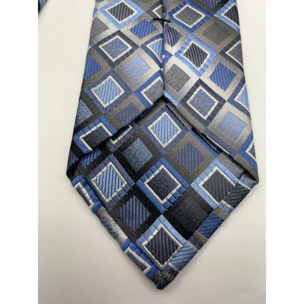 Pronto Uomo Mens Silk Tie Blue Silver Grey Geometric Square Pattern Necktie